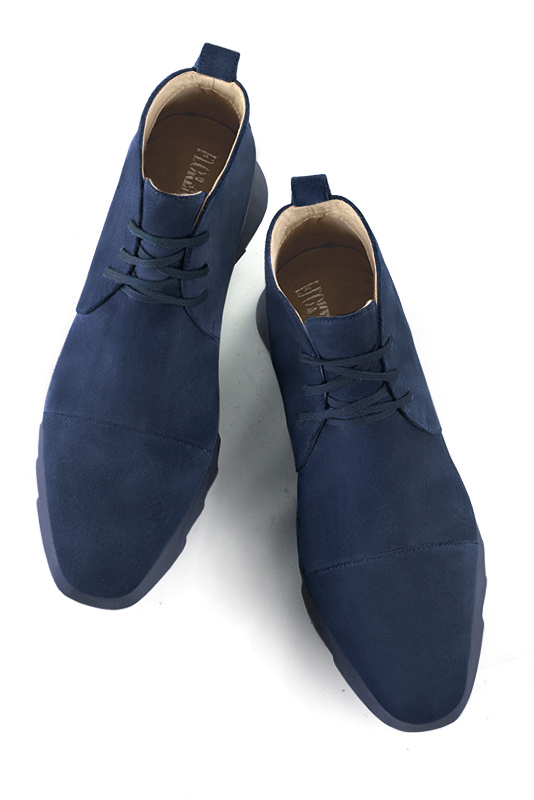 Navy blue women's ankle boots with laces at the front. Square toe. Low rubber soles. Top view - Florence KOOIJMAN